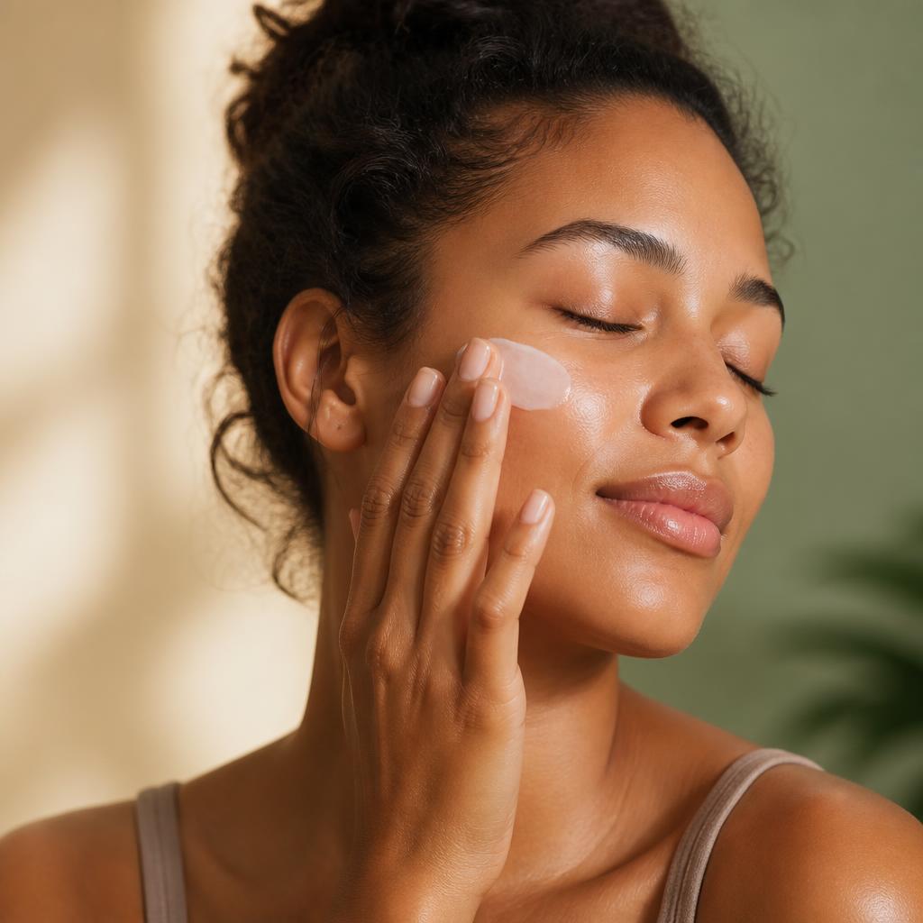 A person gently applying moisturizer in soft morning light