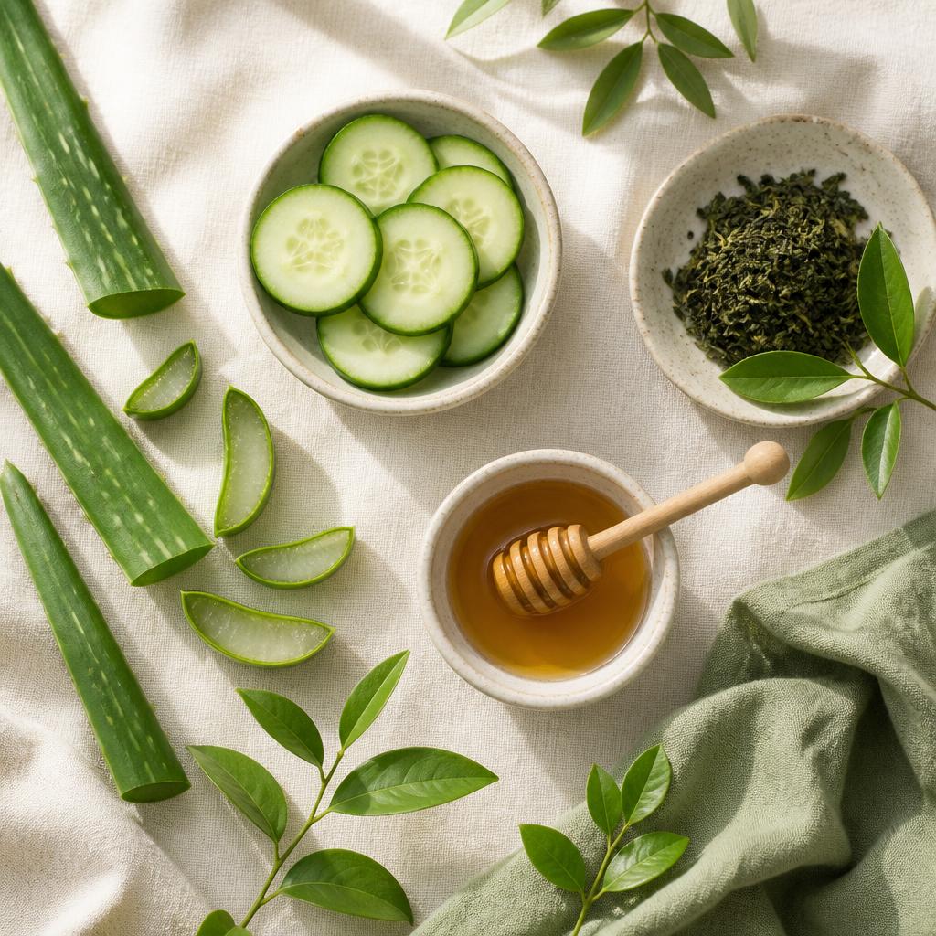 Fresh aloe vera, cucumber slices, green tea leaves and honey on linen