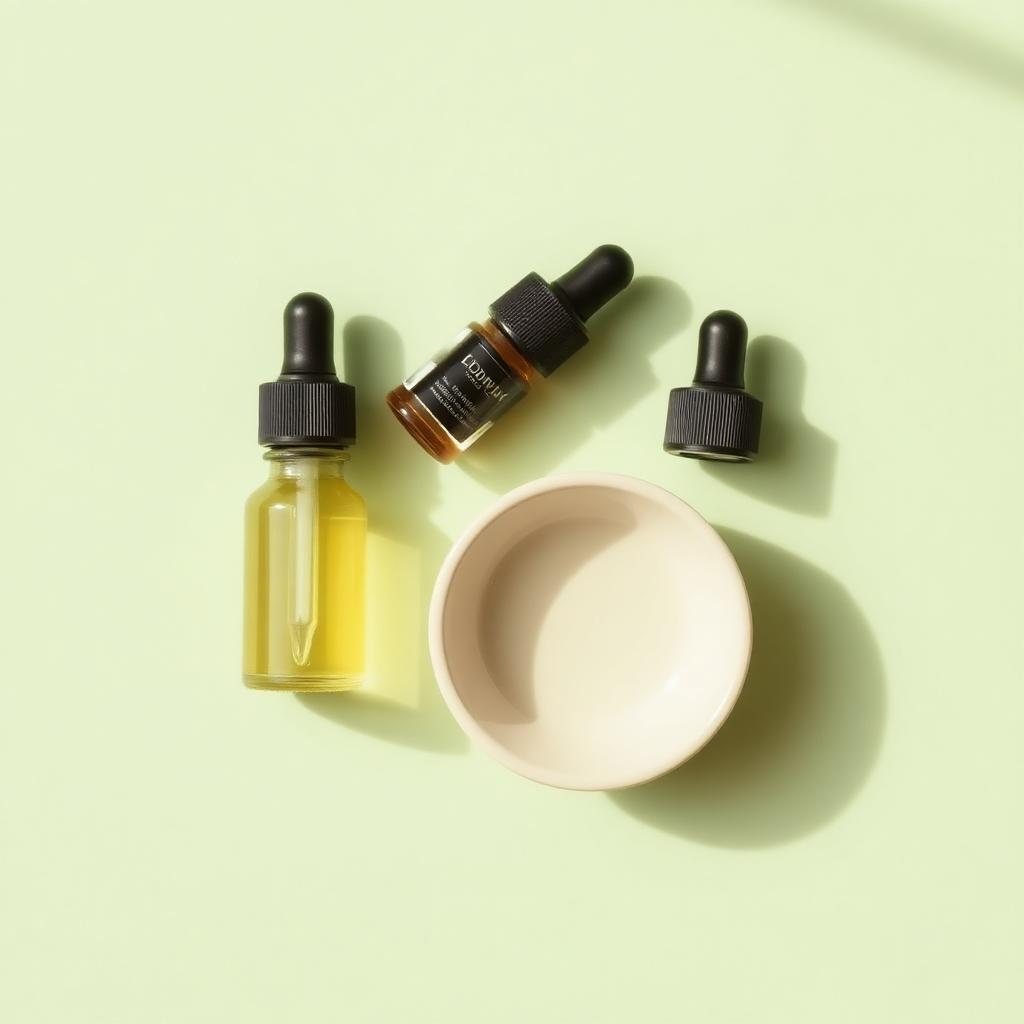 Skincare flat lay with dropper bottles and a ceramic bowl