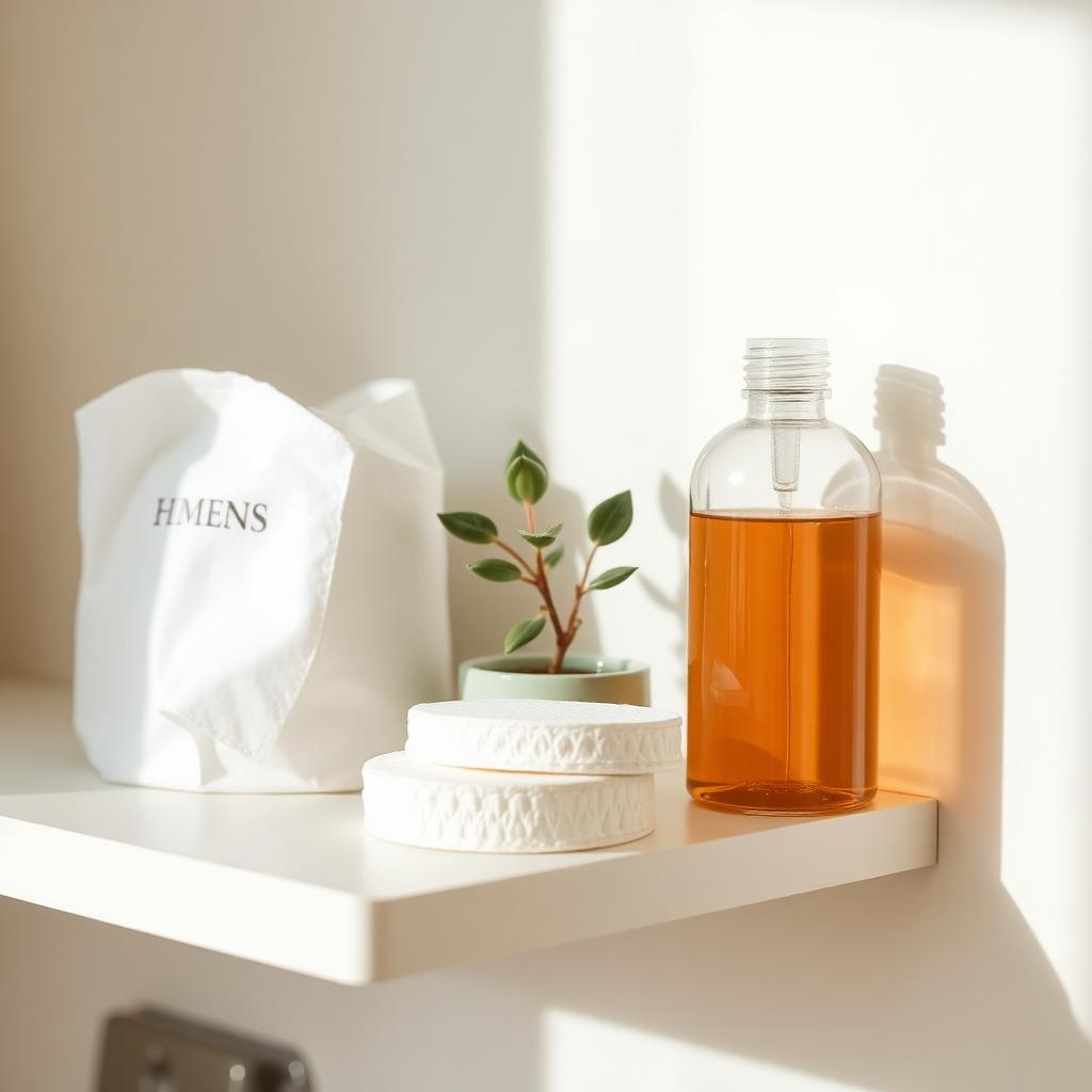 Bathroom shelf with toner bottle, cotton pads, and a small plant