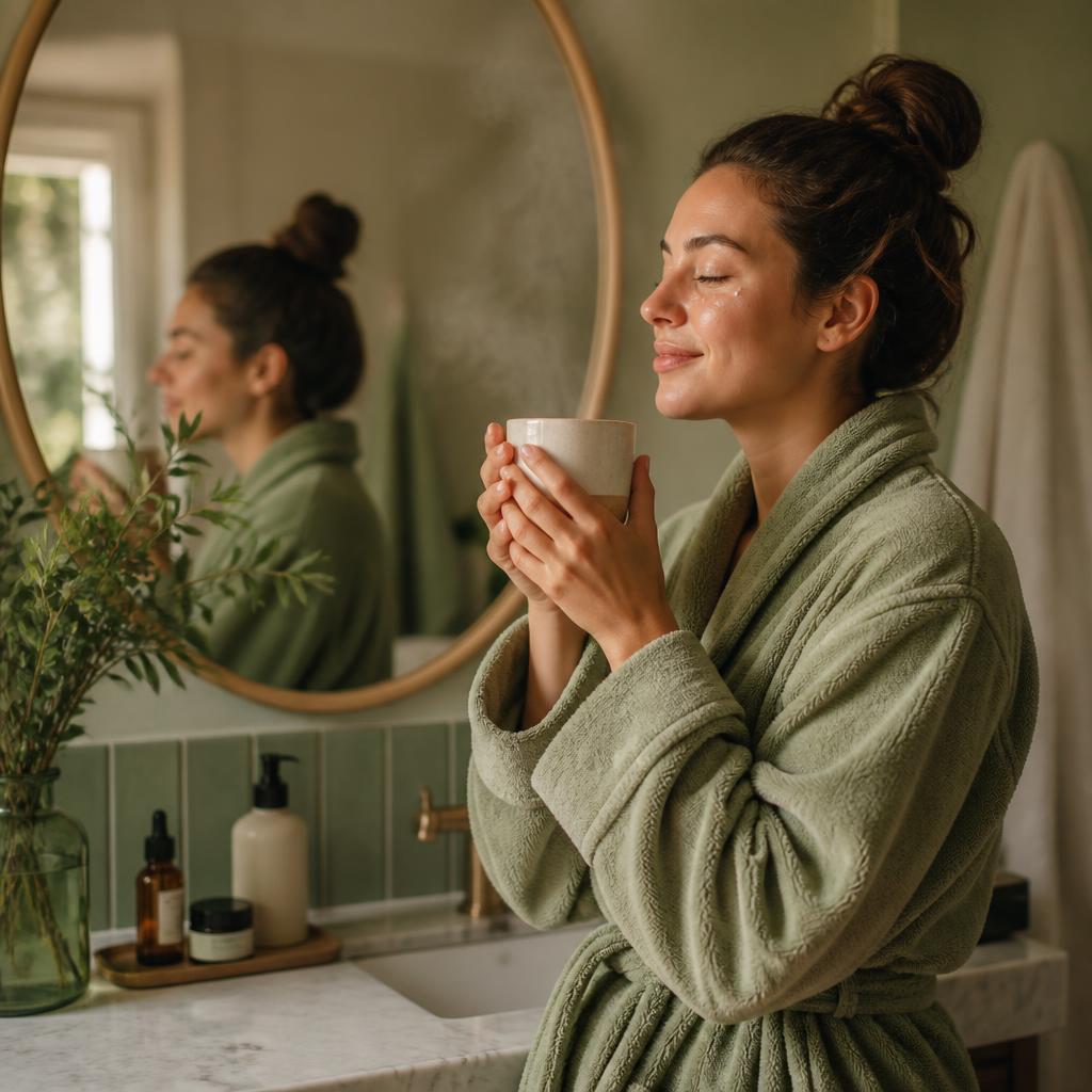 A person in a bathrobe enjoying a warm drink during a morning skincare ritual